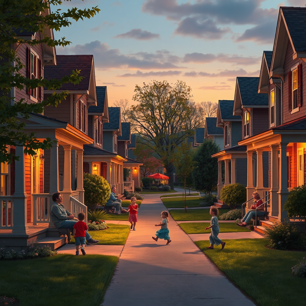 Visualize a warmly lit neighborhood street at dusk. A group of neighbors are chatting on their porches, while children play safely in the yards. The scene evokes a sense of community and security. The lighting is soft and inviting, highlighting the warm glow of the homes. Style reference: A Norman Rockwell-inspired painting with a focus on capturing everyday moments of community life. Technical specs: 4K, high quality.