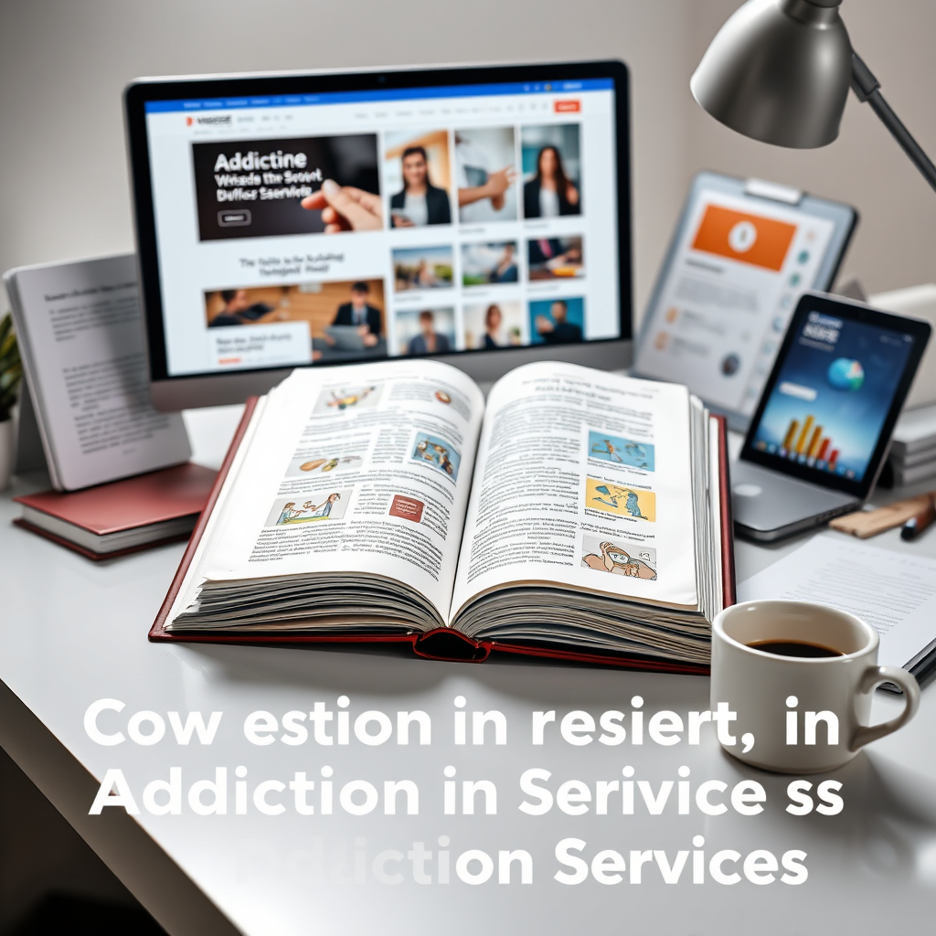 A clean, modern image of an open book surrounded by digital resources on a sleek desk. Bright lighting focuses on the book's colorful illustrations and informative text. The setting includes a computer with educational websites displayed, along with a coffee cup for a touch of everyday comfort. This image encapsulates the essence of learning and growth in addiction services, showcasing a professional's journey to gaining knowledge.