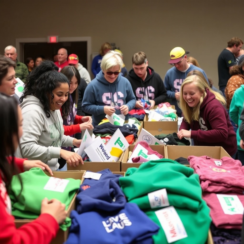 A community event scene with volunteers and participants coming together to assemble care packages, each containing sweatshirts, blankets, and essentials. Lively camaraderie is on full display, with laughter and teamwork. The colors are vibrant, reflecting energy and hope, and the image should convey a sense of purpose and determination. The composition should capture the essence of unity toward a common goal.