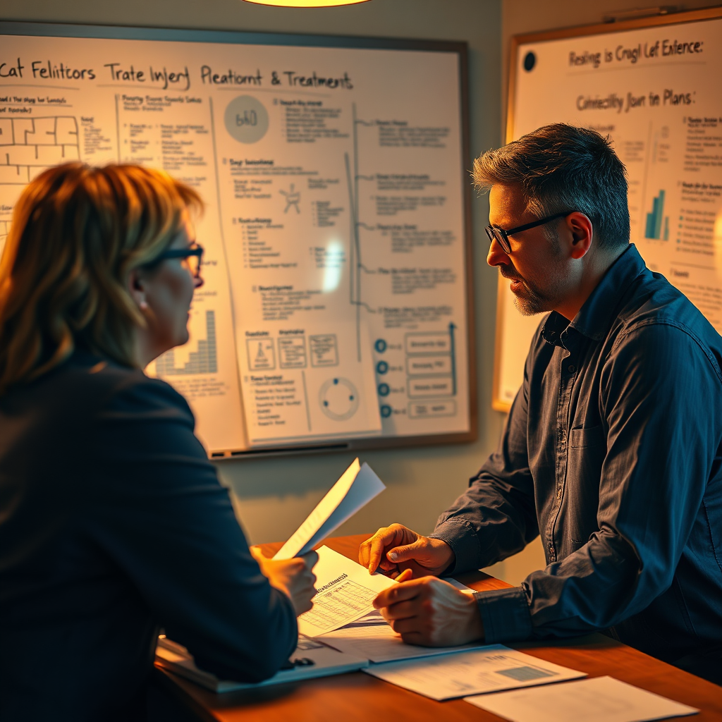 A compelling photorealistic image depicting a thoughtful professional surrounded by charts and paper notes in a focused discussion with a colleague. The lighting is warm, creating an intimate environment highlighting the partnership in overcoming challenges. The background includes a whiteboard filled with strategic plans and ideas, reflecting the complexity of their journey towards establishing effective treatment services.