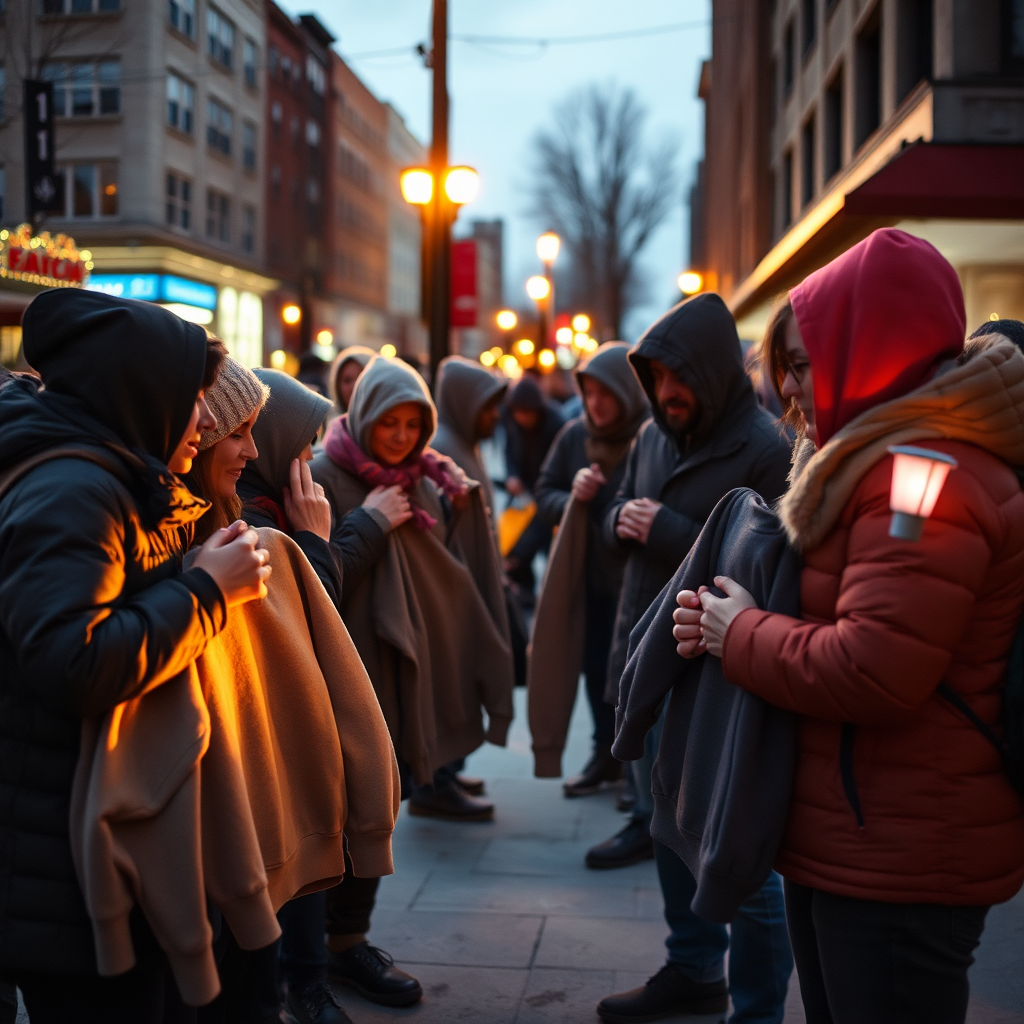 A heartwarming image of a street outreach team distributing sweatshirts to individuals huddled in a city corner on a chilly evening. The warm glow from portable lights indicates compassion amidst cold surroundings. The atmosphere is filled with caring gestures, and the jackets are bright and inviting, against the darker evening. The focus should be on the human connection between the team members and the recipients, depicting kindness in tough conditions.
