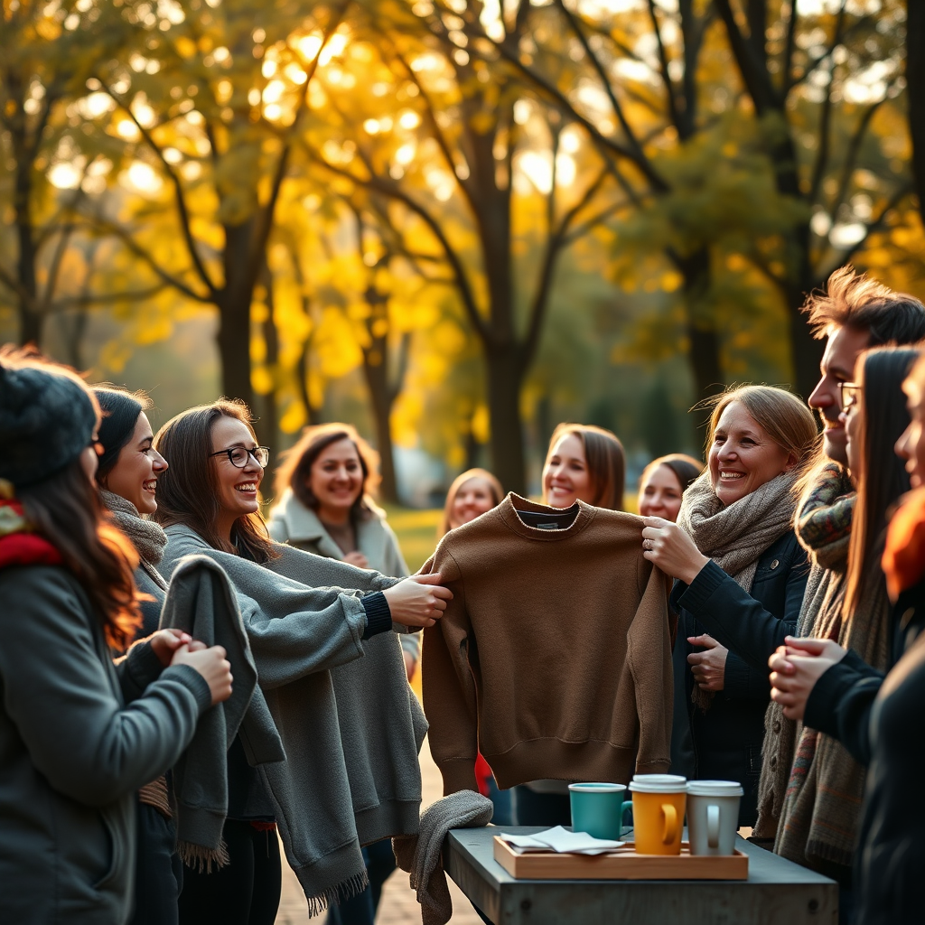 A high-quality, photorealistic image showing a volunteer handing out sweatshirts to a group of smiling, grateful individuals. The scene is set in an urban park with golden sunlight filtering through the trees, creating a soft and inviting atmosphere. The color palette includes warm earth tones, conveying a sense of comfort and community. The camera captures action and emotion, focusing on the joyful expressions of both the givers and receivers. Relevant props include warm blankets and hot drinks nearby, adding to the cozy environment. The image should be 4K resolution, evoking a sense of hope and connection.