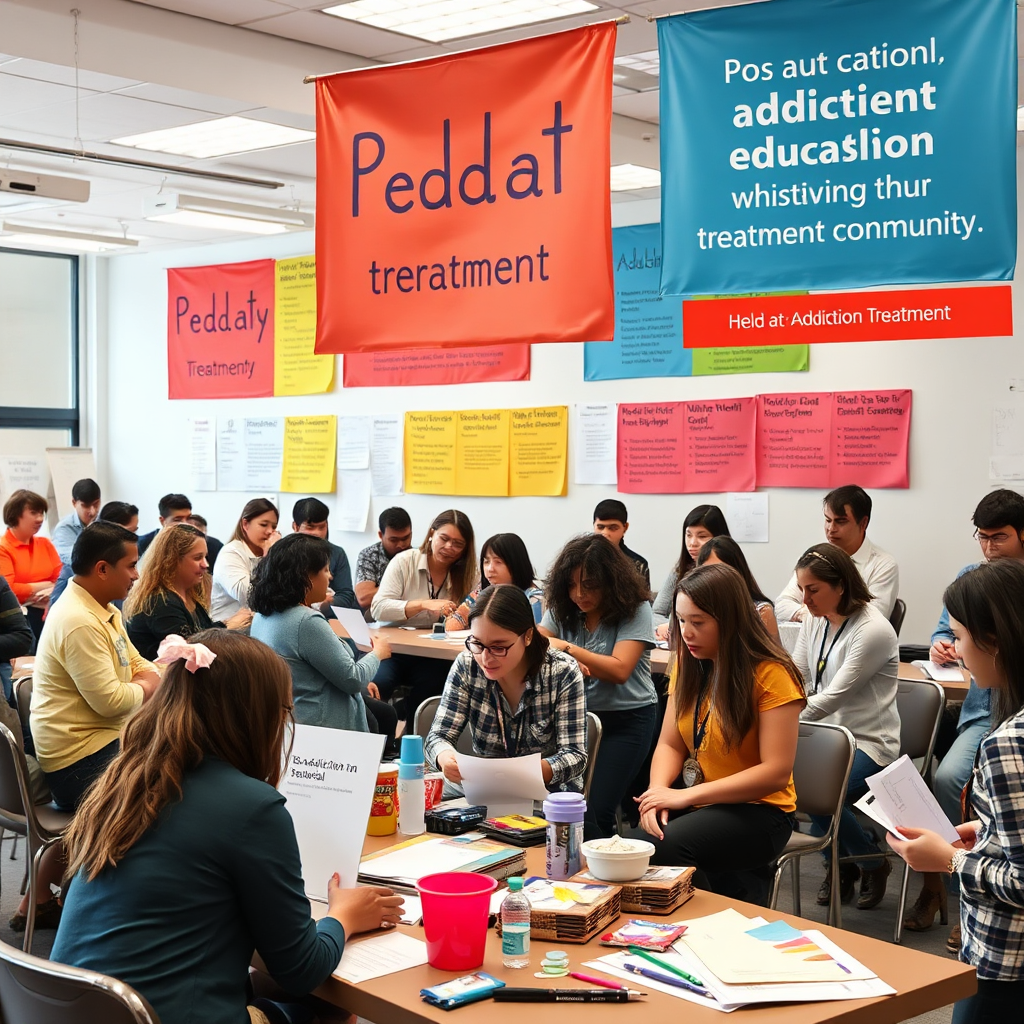 A vibrant, engaging image showing a workshop with hands-on learning activities related to addiction treatment. Participants are actively involved in role-playing scenarios, equipped with various resources and supplies. The atmosphere is charged with enthusiasm and creativity, enhanced by colorful banners and materials that emphasize the importance of education in fostering growth within the treatment community.