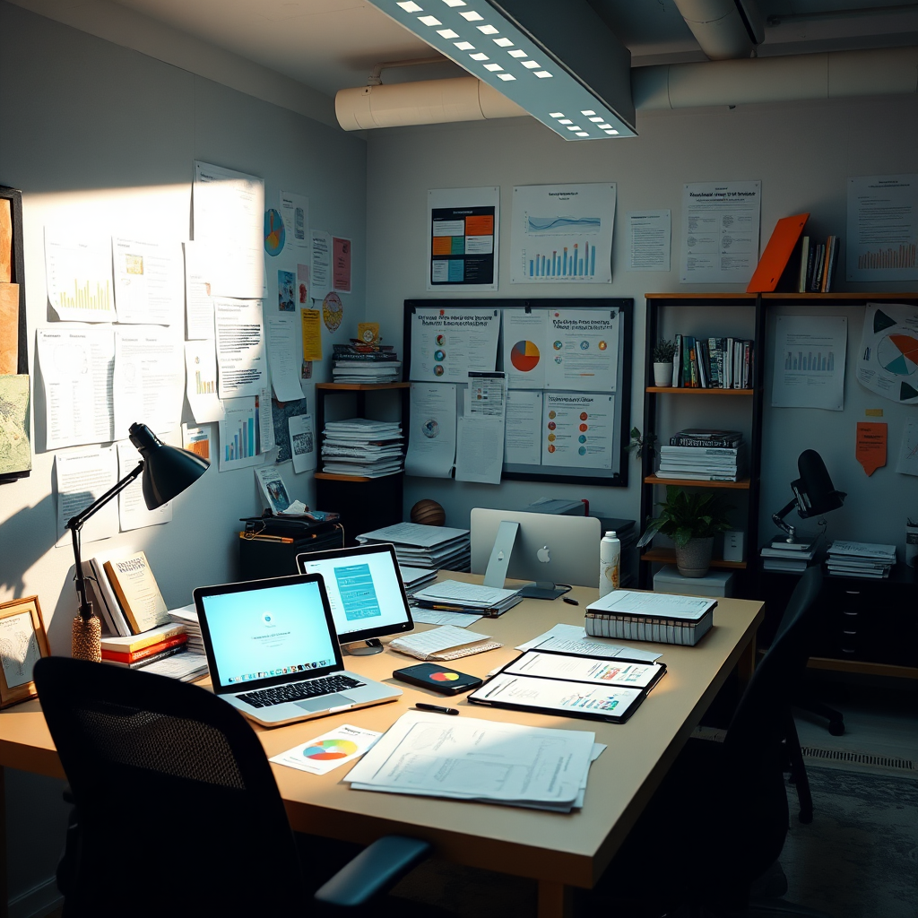 A visually appealing image showing a creative workspace filled with charts, guides, and digital devices. The light is soft yet bright, making the environment productive and inspiring. This workspace embodies innovation and creativity, showcasing the process of developing vital resources for addiction treatment.