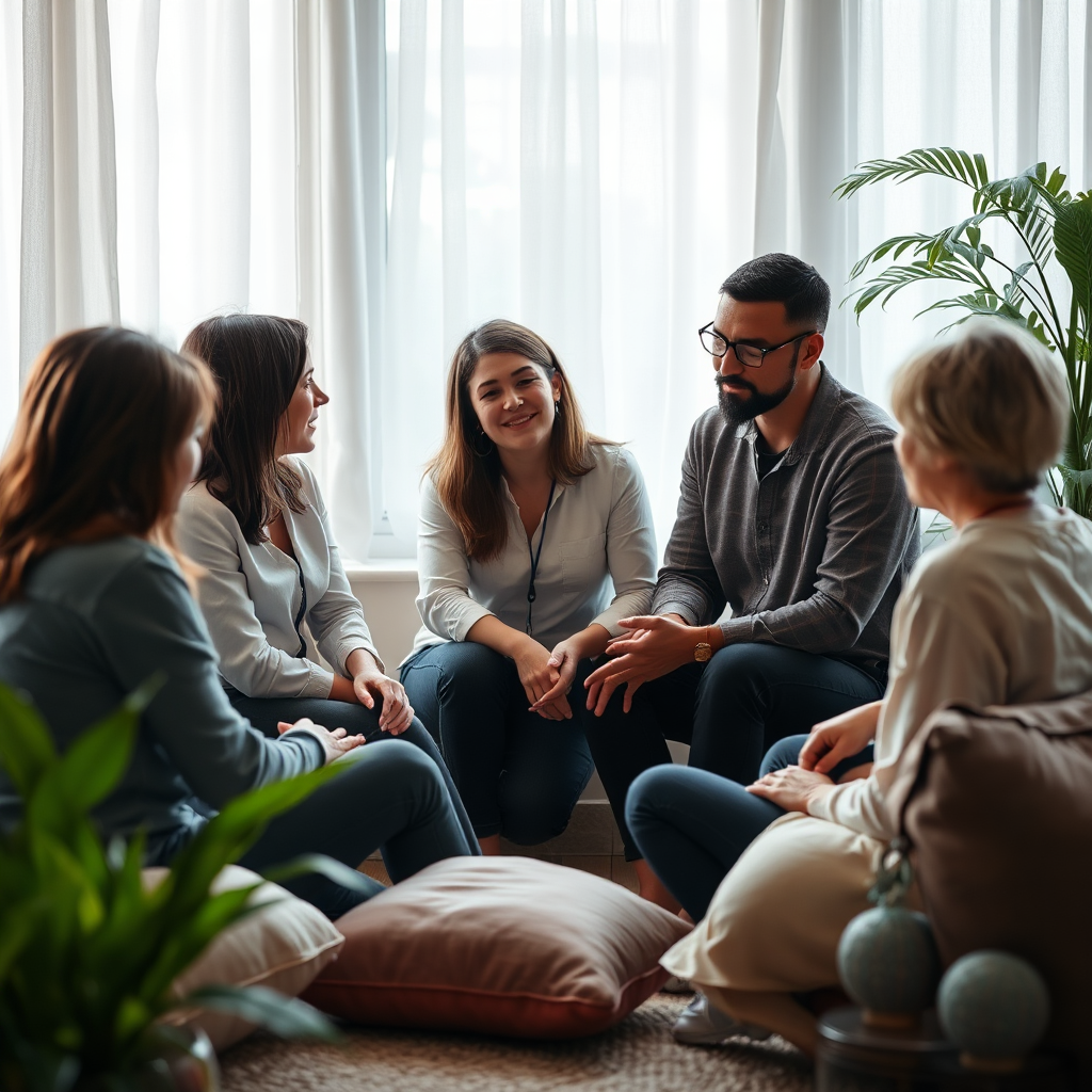 An emotionally resonant image showing a group of professionals in a circle, engaged in a support meeting. The soft, diffused lighting enhances the warmth of the setting. The image highlights closeness and connection, with body language indicating open dialogue and support among peers. Elements of therapeutic settings, such as cushions and plants, permeate the scene, further imbuing it with an aura of comfort and trust.