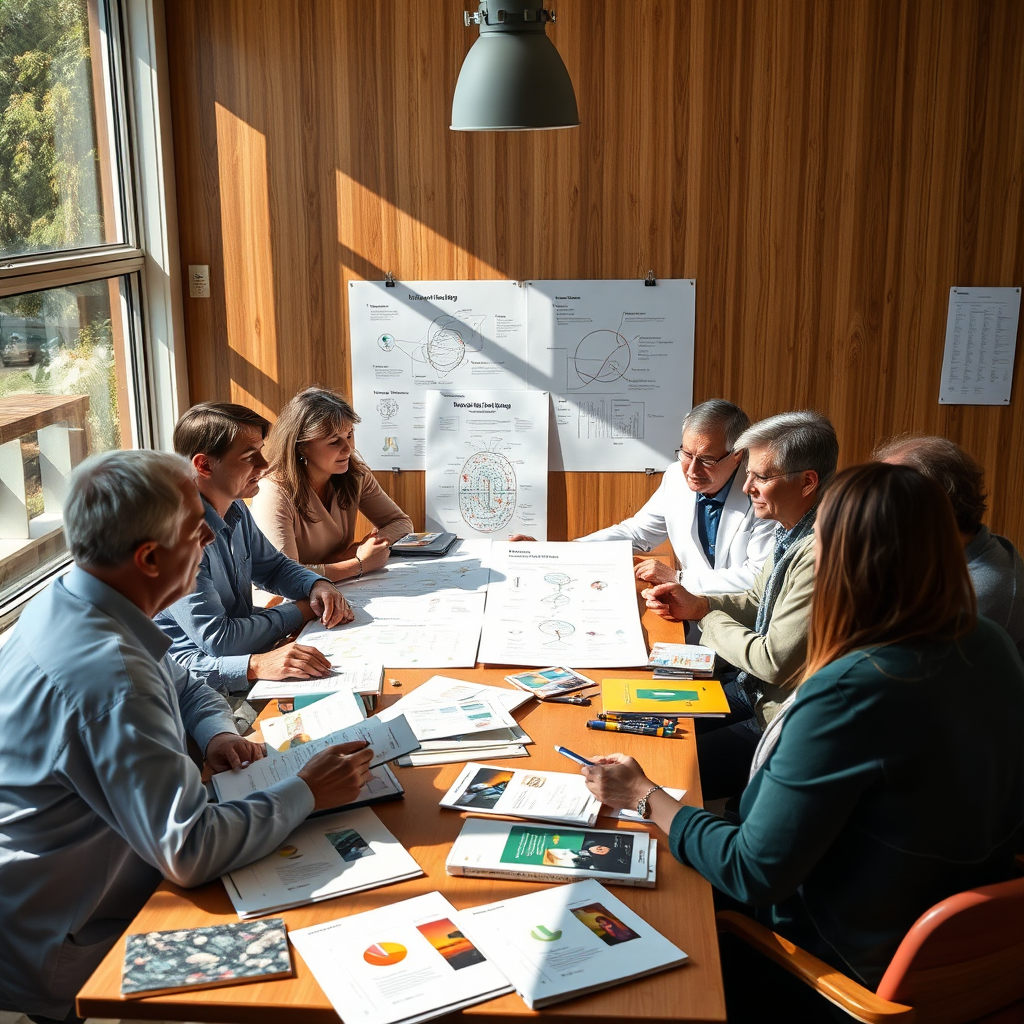 An engaging image featuring a training session with various experts discussing multiple treatment methodologies. Different materials like brochures and charts fill the room, reflecting the richness of approaches available. The diversity in the group symbolizes inclusivity, while natural sunlight streaming in adds a positive touch, emphasizing the enlightening atmosphere.