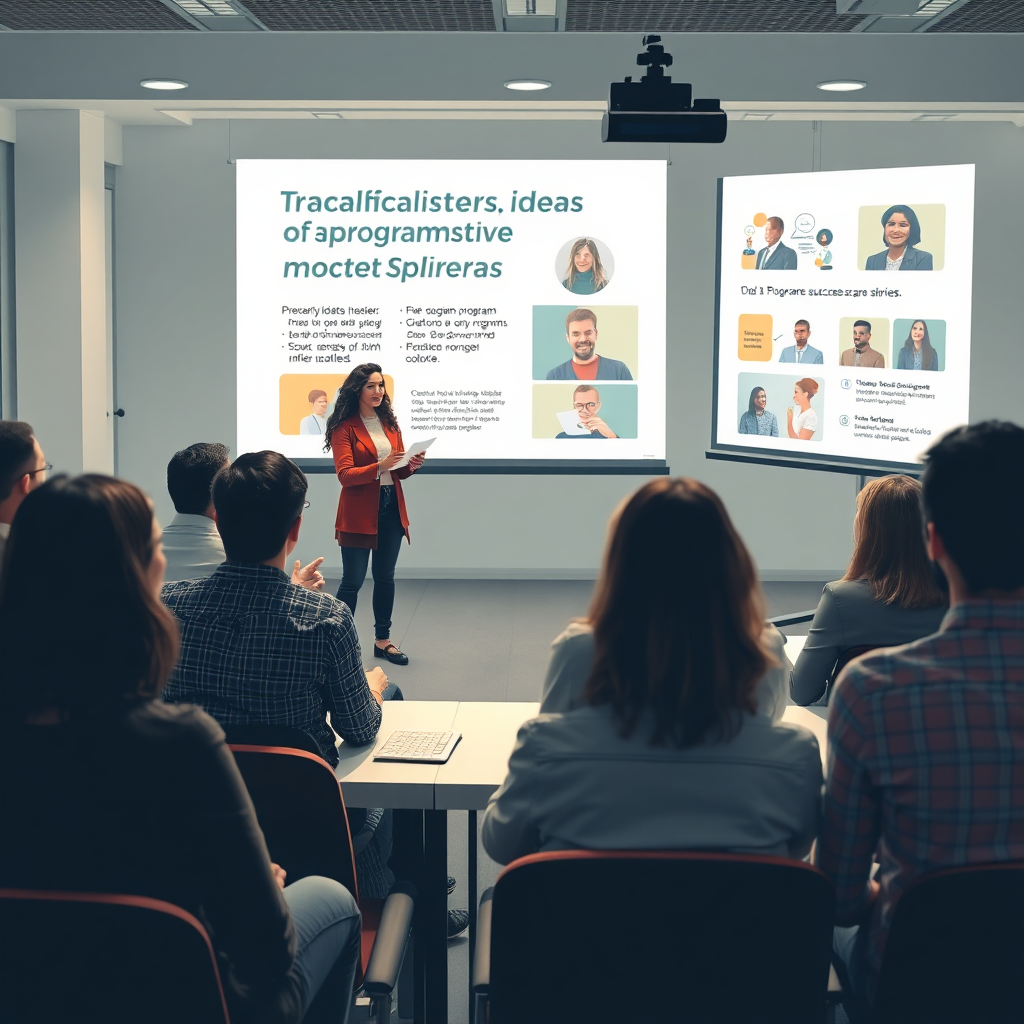 An inspiring image illustrating a group of facilitators presenting their innovative program ideas in a seminar. The setting is bright and inviting, featuring an audience that looks engaged and receptive. Projected visuals showcase program success stories, fueling motivation and collaboration among participants. textures and expressions are finely captured, indicative of a productive and hopeful initiative.