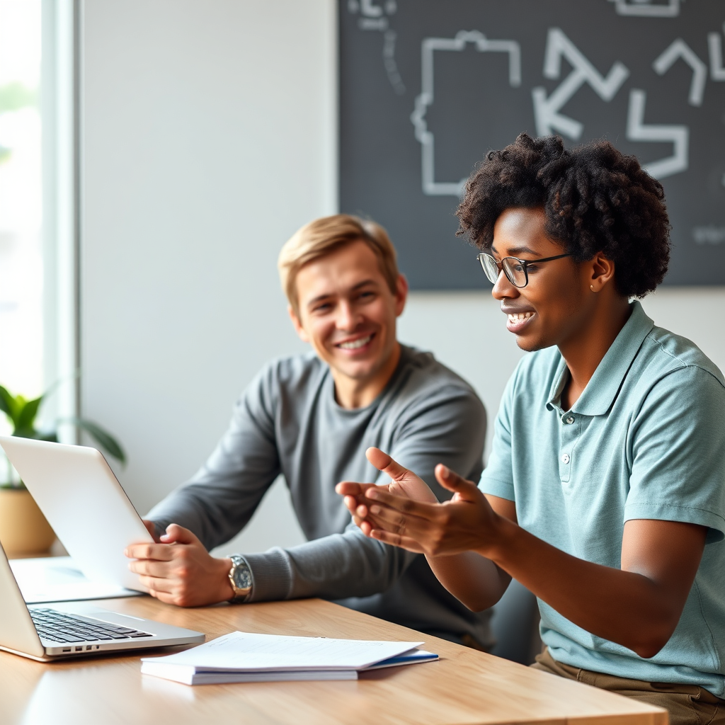 An inviting image of a coaching session between a mentor and a client, with a focus on personal development. The setting is cozy and calm, with motivational elements around. Their interaction is warm and supportive, reinforcing the transformative journey undertaken through coaching in addiction treatment.