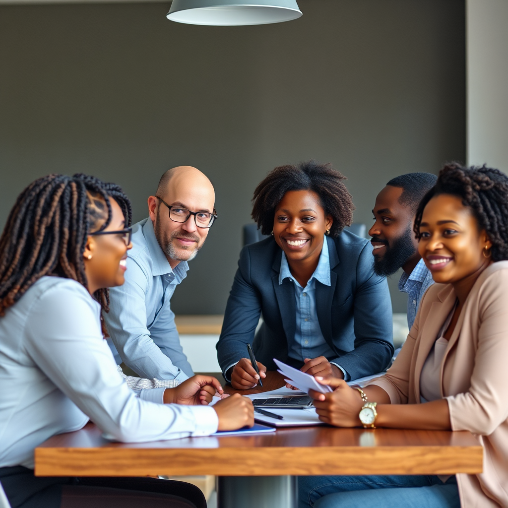 A stylized image featuring a diverse group of individuals brainstorming over a notepad filled with ideas and resources. The scene captures the energy of teamwork in a bright office space accented by motivational quotes on the walls. Enhanced by natural light pouring through the windows, the image conveys positivity and collaboration, underscoring the essence of starting a program. The setting is appealing, with educational material and drinks scattered around, creating a relaxed and focused atmosphere.