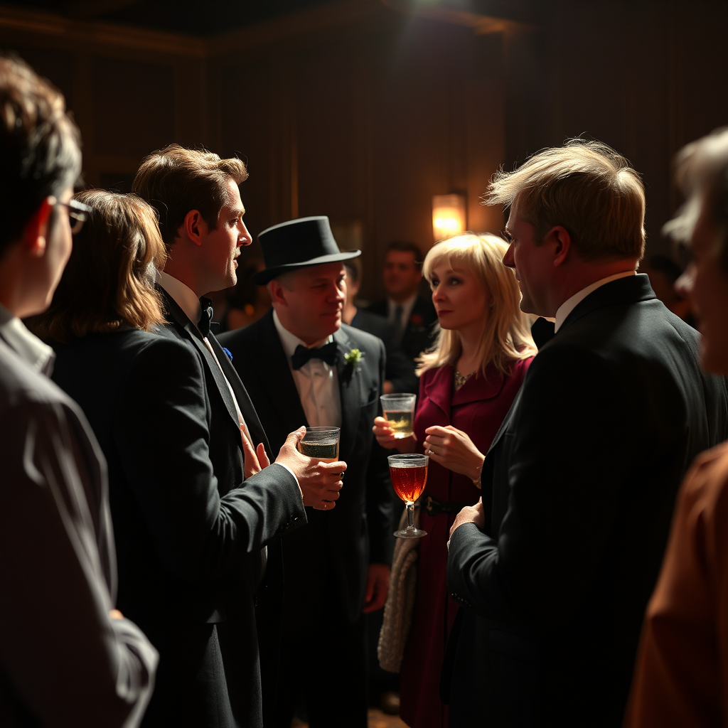 A behind-the-scenes photograph of actors in character, interacting with audience members during a murder mystery event. The lighting is natural and unposed, capturing the spontaneous energy of the performance. Costumes and props are authentic and detailed, adding to the immersive experience. The focus is on the connection between the actors and the audience, highlighting the interactive nature of the event. This image should convey the expertise and professionalism of the Murder Mystery Live team.
