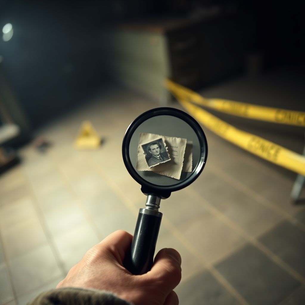 A first-person perspective shot, showing a hand holding a magnifying glass over a clue at a crime scene. The background is blurred, creating a sense of immersion and involvement. The lighting is dim and atmospheric, enhancing the mystery and suspense. The clue is a detailed object, such as a torn photograph or a cryptic note. This image invites the viewer to step into the role of a detective and experience the thrill of solving a murder mystery.