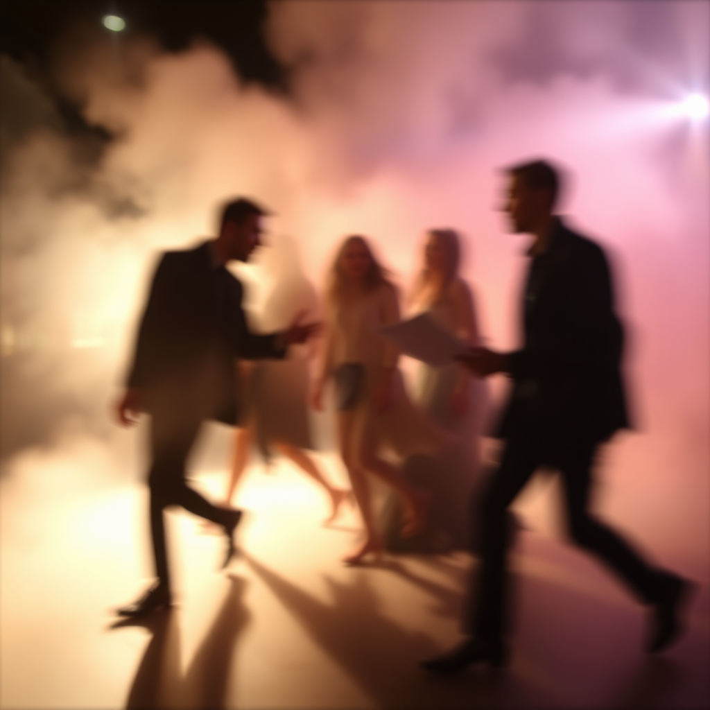 An abstract image representing the unpredictable nature of live performance. Blurry figures move through a smoky, dimly lit space. Streaks of color represent sudden changes in the plot. The focus is on capturing the feeling of uncertainty and excitement that comes with immersive theatre. The style is expressionistic, with a loose and dynamic composition. This image symbolizes the spontaneous and interactive elements of Murder Mystery Live events.