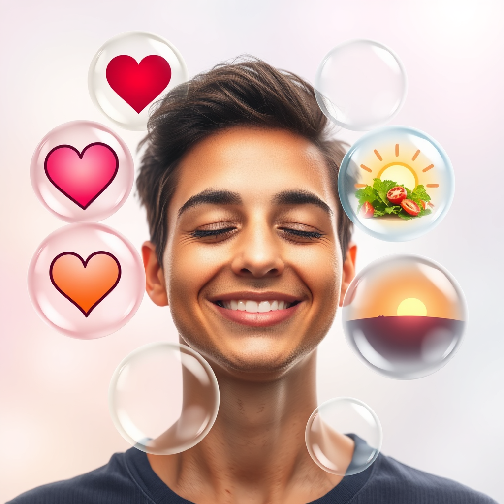 Create a photorealistic image depicting a person surrounded by bubbles, each bubble containing a different symbol of well-being: a heart, a brain, a smiling face, a healthy meal, a sunrise. The person is smiling gently, eyes closed, as if enjoying the feeling of relaxation and happiness. The background should be a soft, pastel color gradient. The lighting should be diffused and dreamlike. The image should convey a sense of peace, tranquility, and holistic well-being.