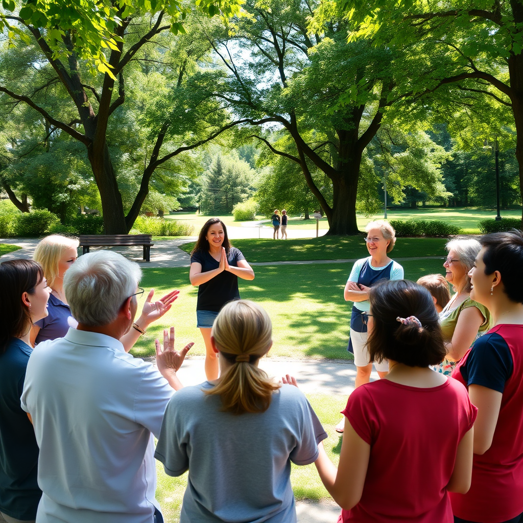 Create a photorealistic image depicting a small group participating in a laughter yoga session. The group is standing in a circle, making silly faces and gestures, while a certified laughter yoga instructor guides them. The setting is a park with lush greenery and natural sunlight. The image should capture the playful and lighthearted atmosphere of the session.