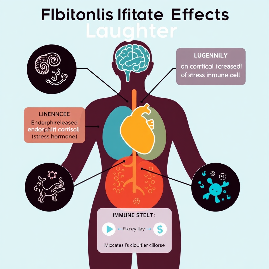 Create a stylized, infographic-style image illustrating the biological effects of laughter. Show a simplified human body with highlighted areas representing the brain, heart, and immune system. Use vibrant colors to represent the release of endorphins, the reduction of cortisol (stress hormone), and the increased activity of immune cells. Include icons and labels to clearly communicate the benefits of laughter. The style should be clean, modern, and informative.