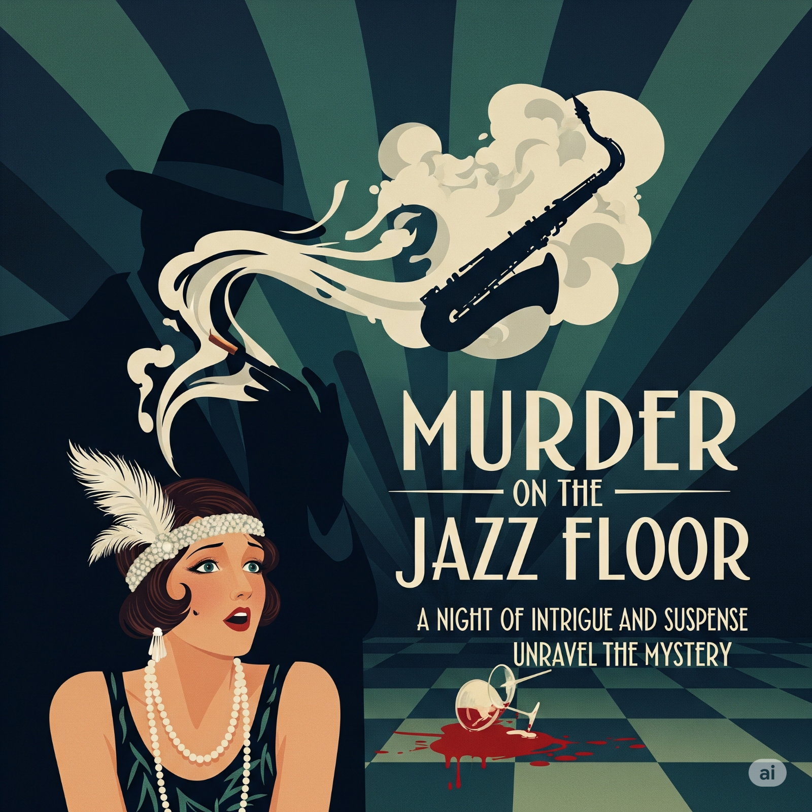 An abstract image representing the unpredictable nature of live performance. Blurry figures move through a smoky, dimly lit space. Streaks of color represent sudden changes in the plot. The focus is on capturing the feeling of uncertainty and excitement that comes with immersive theatre. The style is expressionistic, with a loose and dynamic composition. This image symbolizes the spontaneous and interactive elements of Murder Mystery Live events.