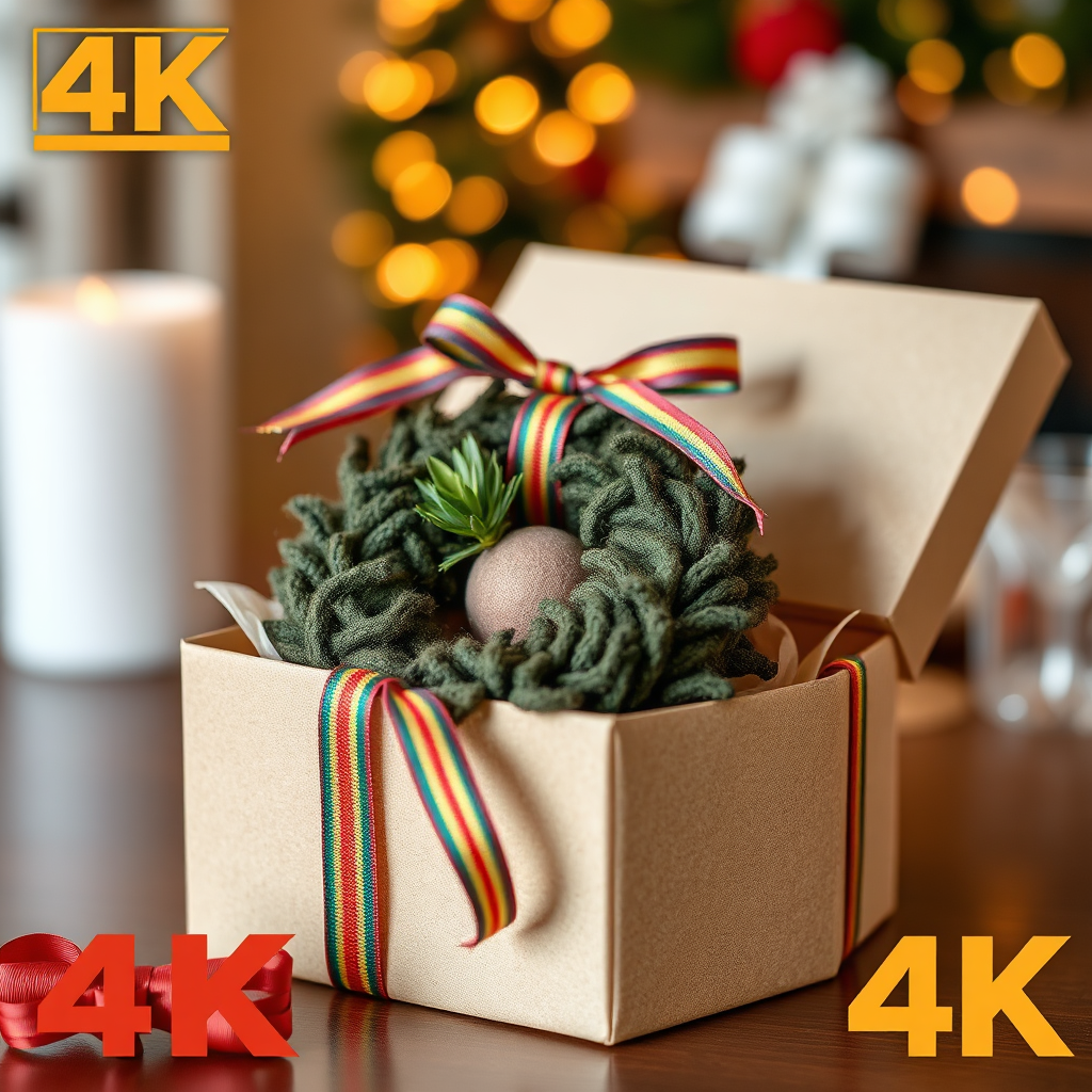 A beautifully wrapped gift box containing one of our felt ball wreaths. The box is tied with a colorful ribbon and adorned with a small sprig of greenery. The background is a warm and inviting setting, suggesting a special occasion or celebration. The overall scene conveys a sense of thoughtfulness, care, and joy. 4K resolution, gift-giving theme, festive atmosphere.