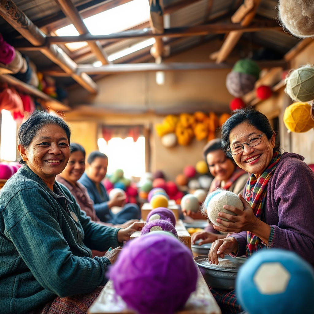 A brightly lit scene inside a small workshop in Nepal. Focus on a group of Nepali artisans, smiling and working diligently on crafting felt balls. They are using simple tools and natural materials – New Zealand wool, soap, and water. The background shows colorful skeins of wool and finished felt balls. The overall scene should convey a sense of community, craftsmanship, and sustainable practices. The style is warm and inviting, with a touch of rustic charm. 4K resolution, high quality.