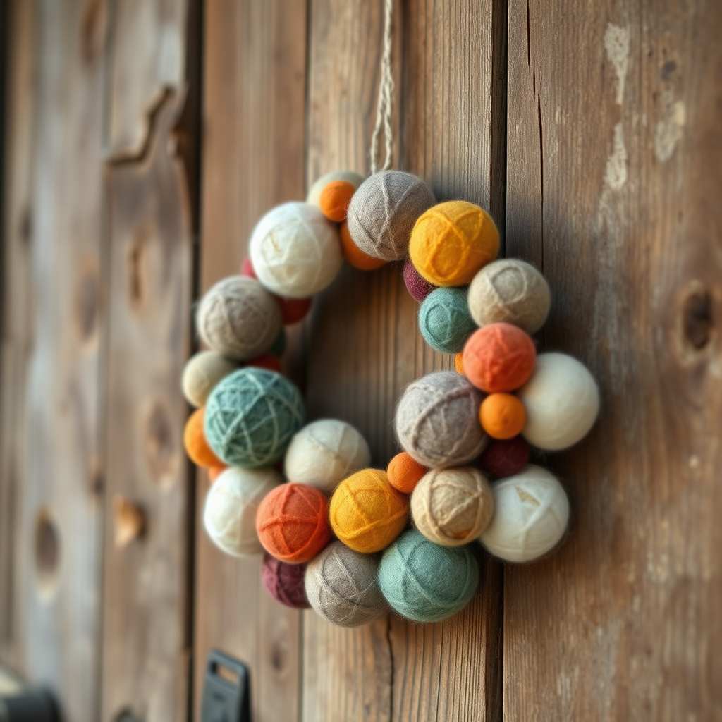 A close-up shot of a felt ball wreath hanging on a reclaimed wood door. The door is rustic and weathered, adding a touch of natural texture to the scene. The wreath is vibrant and colorful, creating a beautiful contrast against the wood. The overall scene conveys a sense of sustainable style and eco-conscious design. 4K resolution, rustic chic aesthetic, environmental theme.