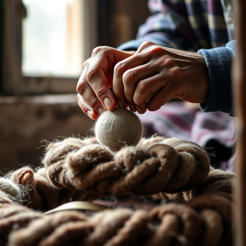 A close-up shot of the hands of a Nepali artisan carefully placing a felt ball onto a wreath base. The hands are weathered but skilled, showcasing the dedication and craftsmanship involved. Natural light streams in from a nearby window, highlighting the texture of the wool and the artisan's focus. The background is intentionally blurred to emphasize the artisan's work. 4K resolution, soft focus, photorealistic.