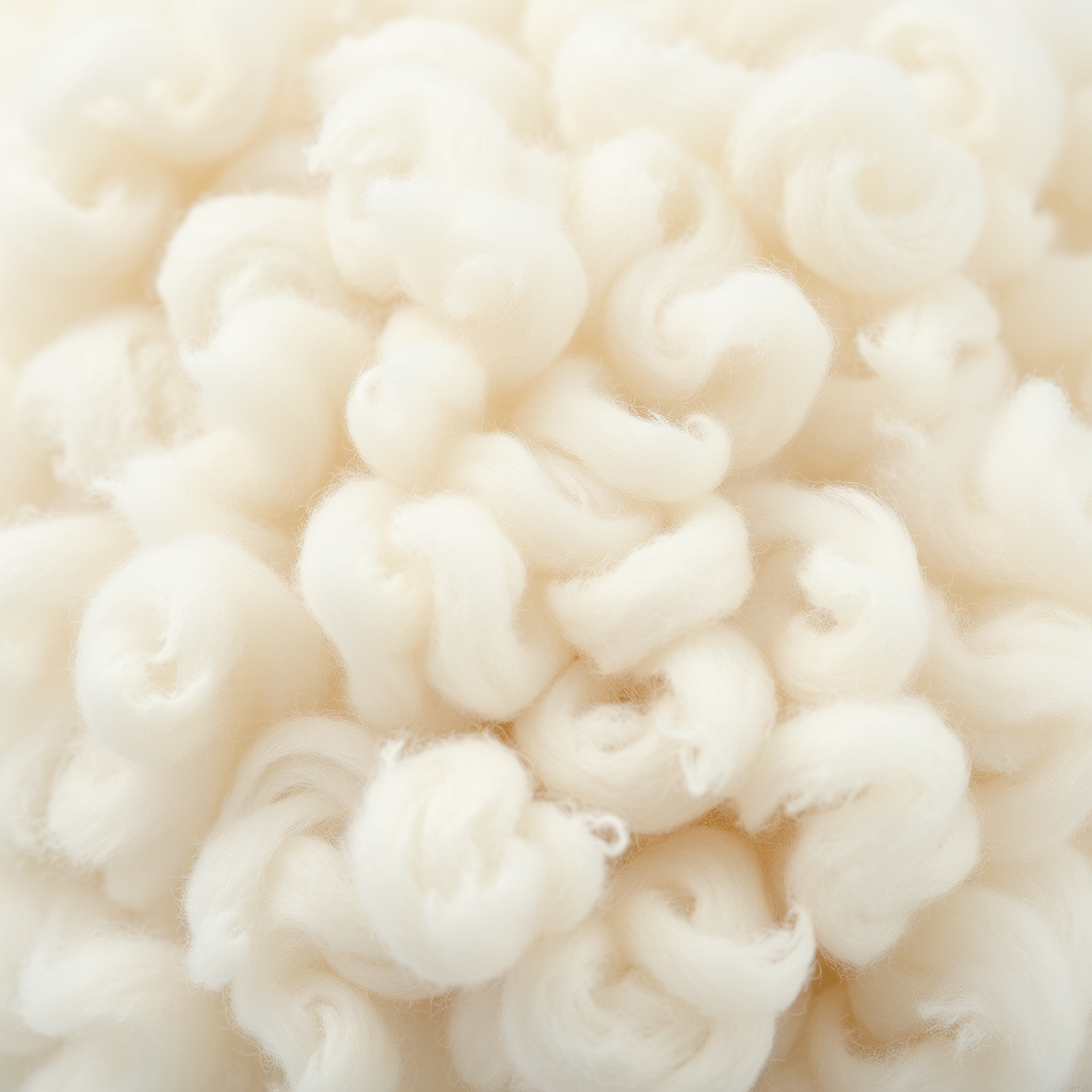 A close-up studio shot of raw New Zealand wool fibers. The wool is fluffy, soft, and pristine white. The lighting is bright and even, highlighting the natural texture and crimp of the wool fibers. The background is a clean, neutral color to emphasize the purity of the wool. 4K resolution, macro photography, product-focused.