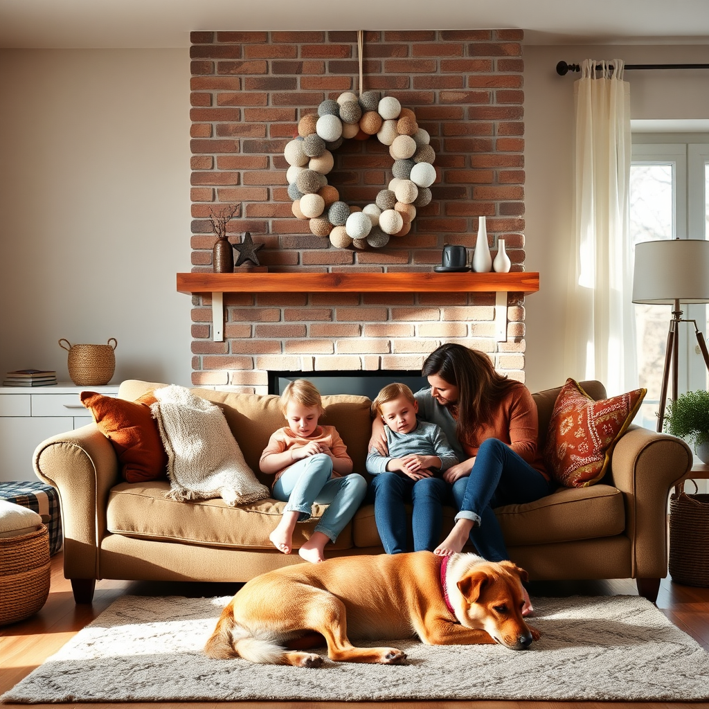 A cozy living room scene featuring one of our felt ball wreaths hanging above a fireplace. A young family – parents and a child – are gathered comfortably on a sofa, with a pet dog resting peacefully at their feet. The scene exudes warmth, safety, and domestic bliss. Soft, natural light streams in from a nearby window. 4K resolution, family-friendly style, lifestyle photography.