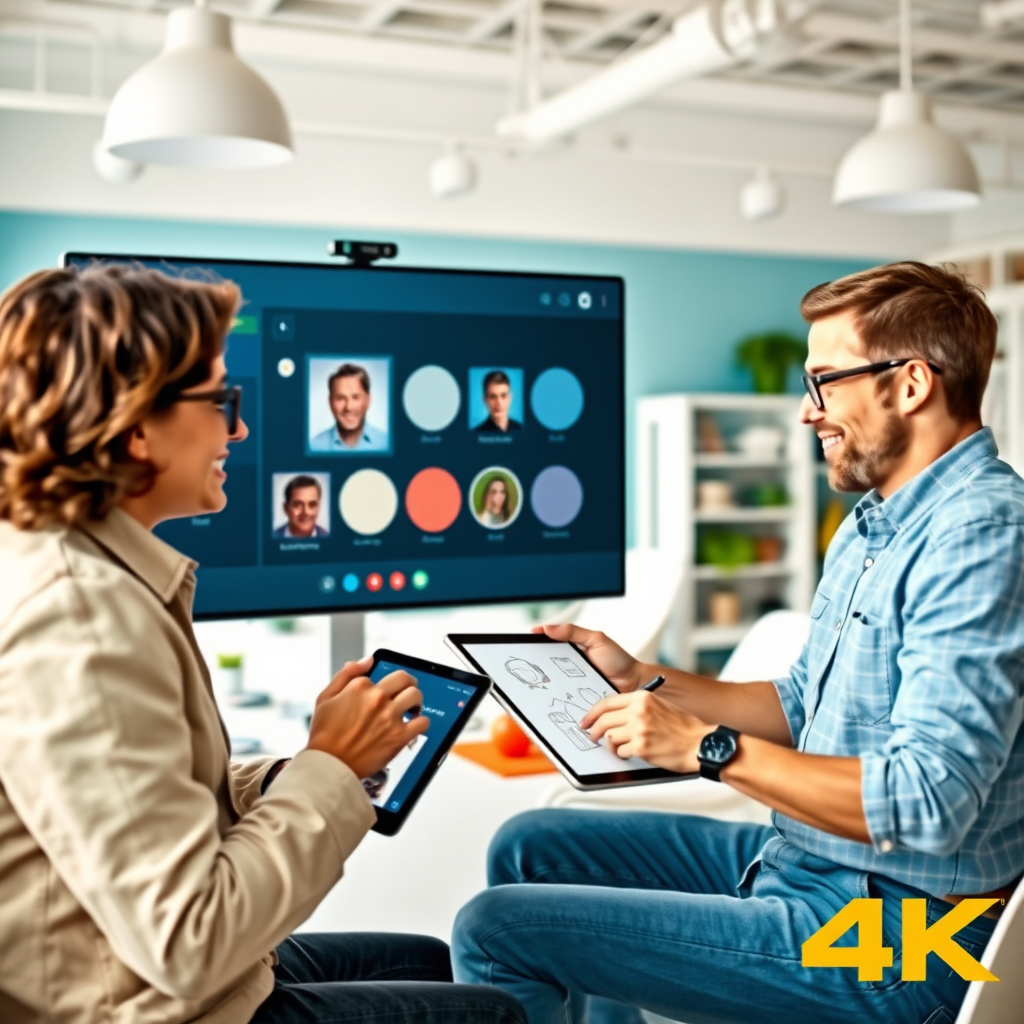 A customer collaborating with one of our designers via video call. The customer is discussing their preferences for colors and sizes while the designer is sketching ideas on a tablet. The background is a bright and cheerful design studio. 4K resolution, bright, collaborative atmosphere.