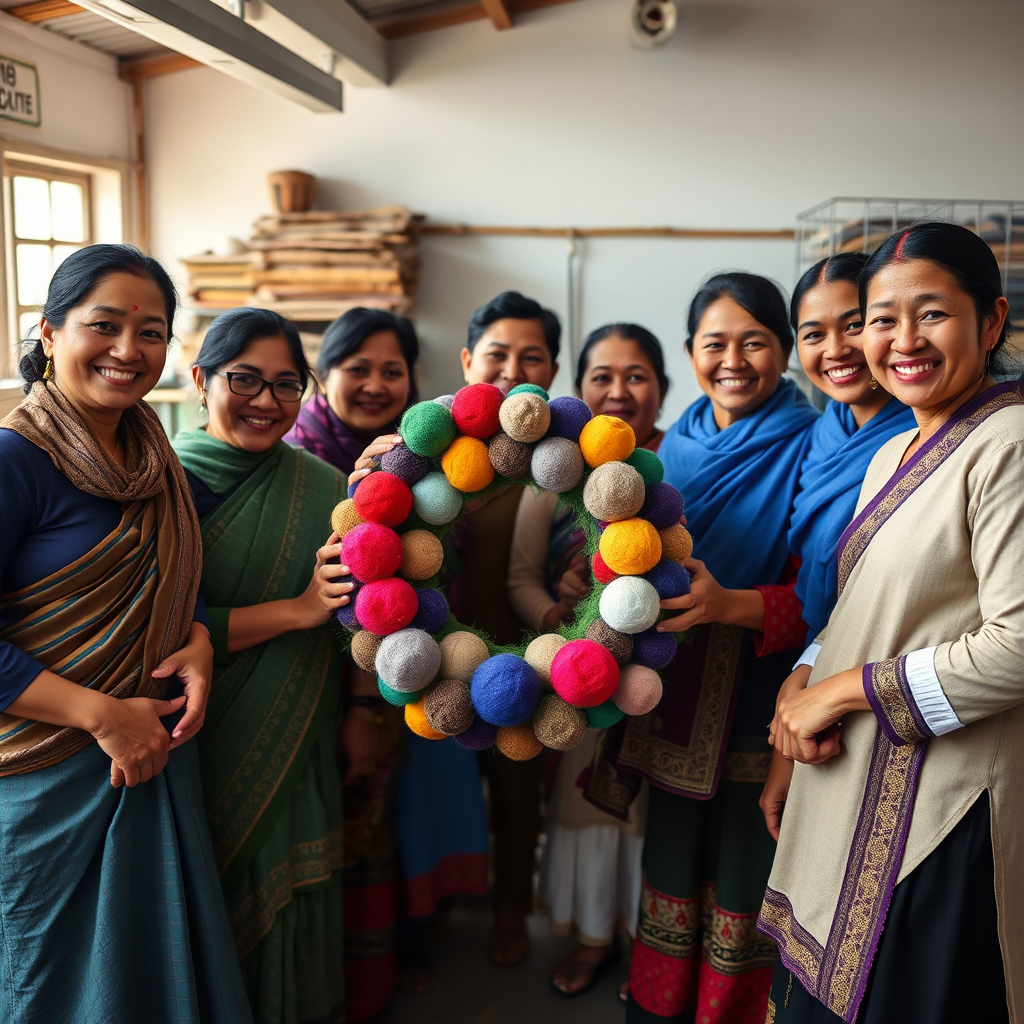 A group of smiling Nepali artisans gathered together in their workshop, showcasing a finished felt ball wreath. The workshop is clean, well-lit, and organized, reflecting safe and positive working conditions. The artisans are dressed in traditional Nepali clothing and radiate pride in their work. Natural light fills the scene, creating a sense of warmth and community. 4K resolution, naturalistic style, documentary-like.