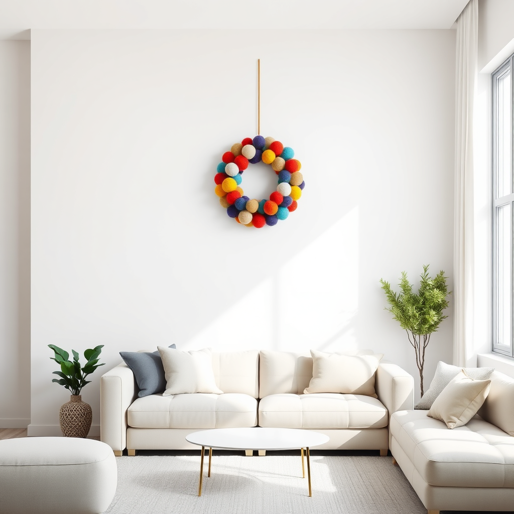 A modern, minimalist living room setting. A single, colorful felt ball wreath hangs on a white wall, acting as a striking focal point. The room is well-lit and uncluttered, showcasing the wreath's unique beauty and artistic value. The style is clean, contemporary, and elegant. 4K resolution, interior design photography, artful composition.