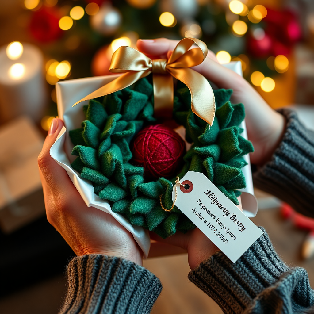 A pair of hands carefully wrapping a felt ball wreath in elegant wrapping paper, adorned with a satin ribbon and a personalized gift tag. The background is a festive and inviting setting, suggesting a special occasion or celebration. Close-up shot, emphasizing the attention to detail. 4K resolution, festive, gift-giving theme.