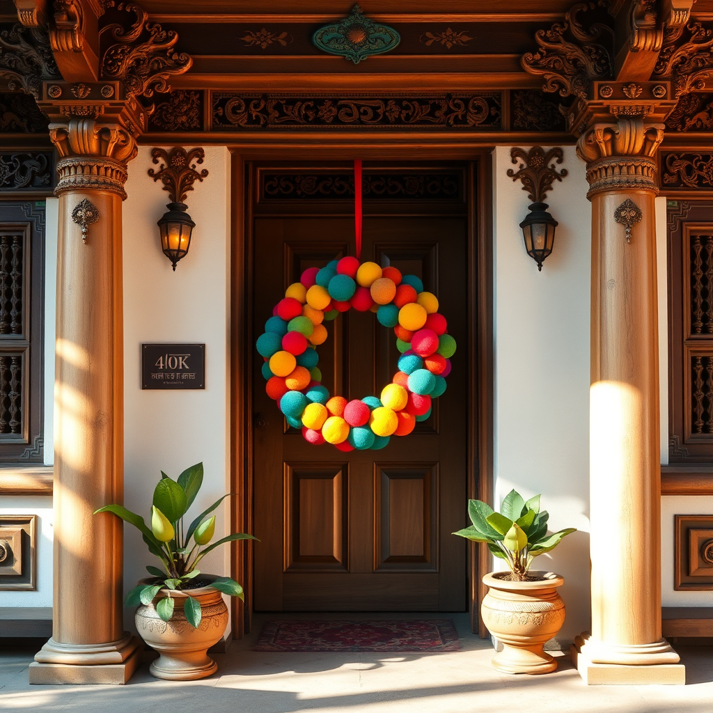 A wide shot featuring a traditional Nepali home's entrance adorned with one of our vibrant felt ball wreaths. The home has intricate wooden carvings and colorful detailing, reflecting the rich cultural heritage of Nepal. Soft, natural light illuminates the scene, creating a warm and inviting atmosphere. The wreath is positioned prominently, showcasing its beauty against the backdrop of Nepali architecture. 4K resolution, balanced lighting, culturally authentic.