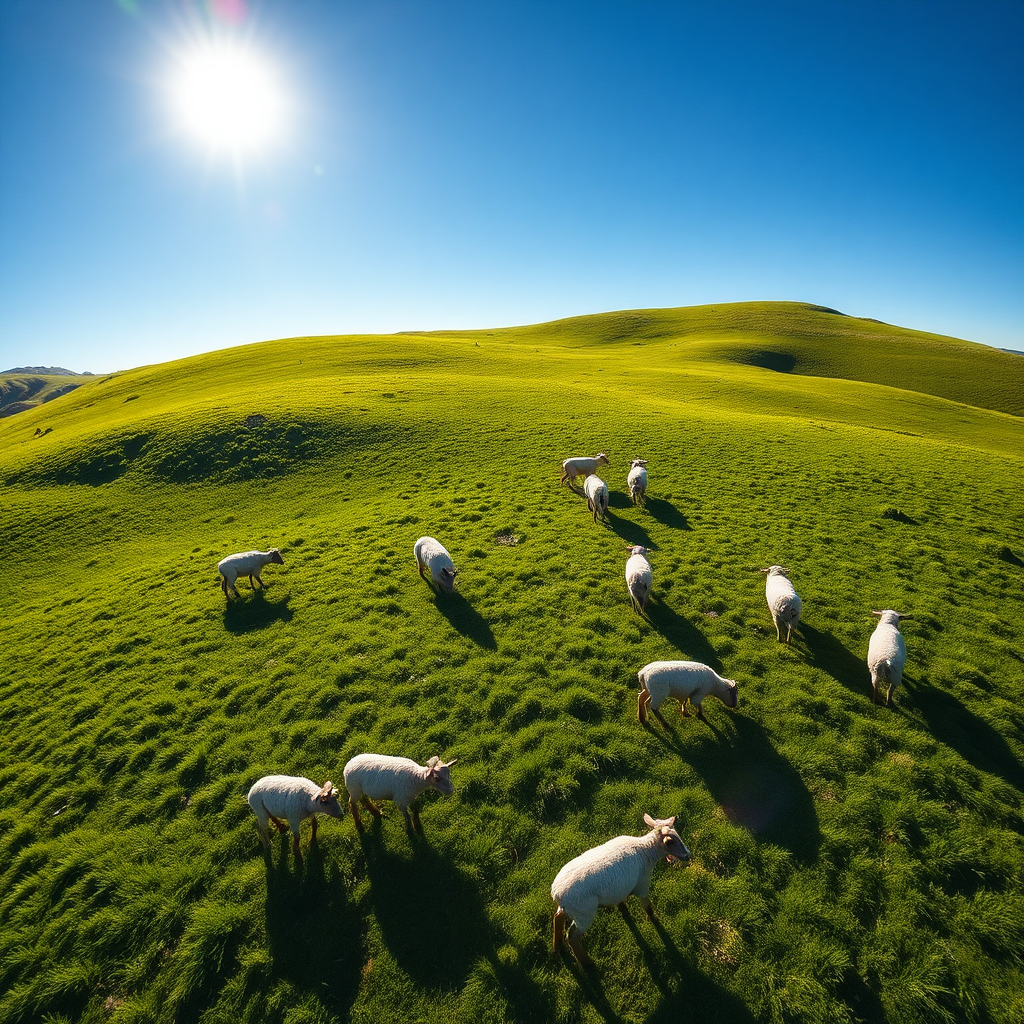 An aerial shot of a lush, green pasture in New Zealand, where sheep are grazing peacefully. The landscape is vibrant and healthy, showcasing the sustainable sourcing of our wool. The sky is clear and blue, and the sun is shining brightly. The overall scene conveys a sense of natural beauty and environmental responsibility. 4K resolution, landscape photography, eco-friendly theme.
