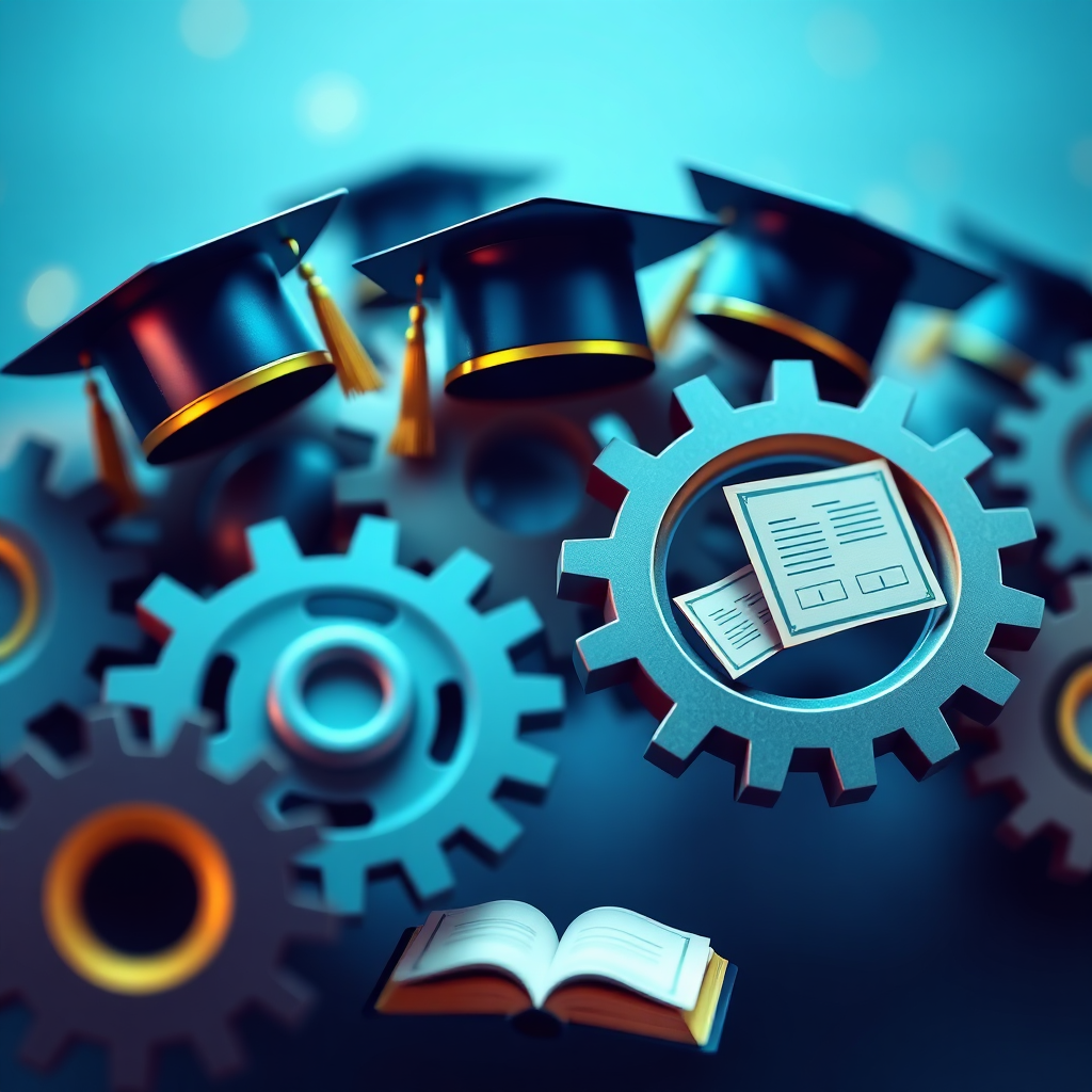 Create a 4K resolution, high-quality image representing Academy Consultancy's mission. The image should feature a stylized representation of interconnected gears, symbolizing training, assessment, and quality assurance working in harmony. Overlay these gears with subtle imagery of graduation caps, certificates, and open books. The color palette should use professional blues and greens with gold accents to represent achievement and quality. The lighting should be soft and diffused, creating a sense of trust and reliability. The camera angle should be a slightly elevated view, showcasing the interconnectedness of the elements. The overall style should be modern and professional, with a touch of creativity to convey innovation and forward-thinking solutions. Reference visual elements commonly used in professional service websites, but with a unique artistic twist. Focus on the message of empowerment and comprehensive support for training providers.