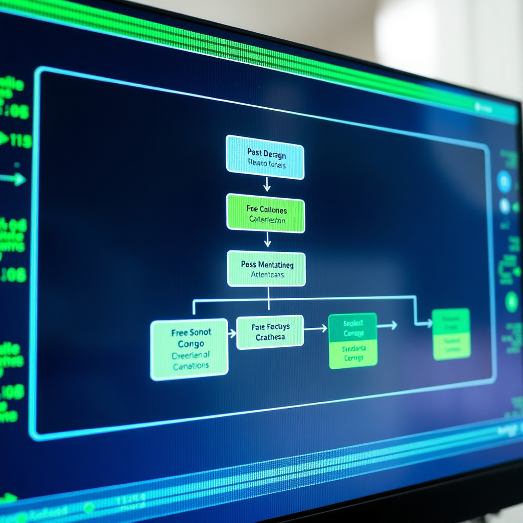 Depict a flowchart illustrating a streamlined process, with clear steps and logical connections. The flowchart is displayed on a digital screen, symbolizing efficiency and technology. Use a color palette of greens and blues to convey progress and innovation.