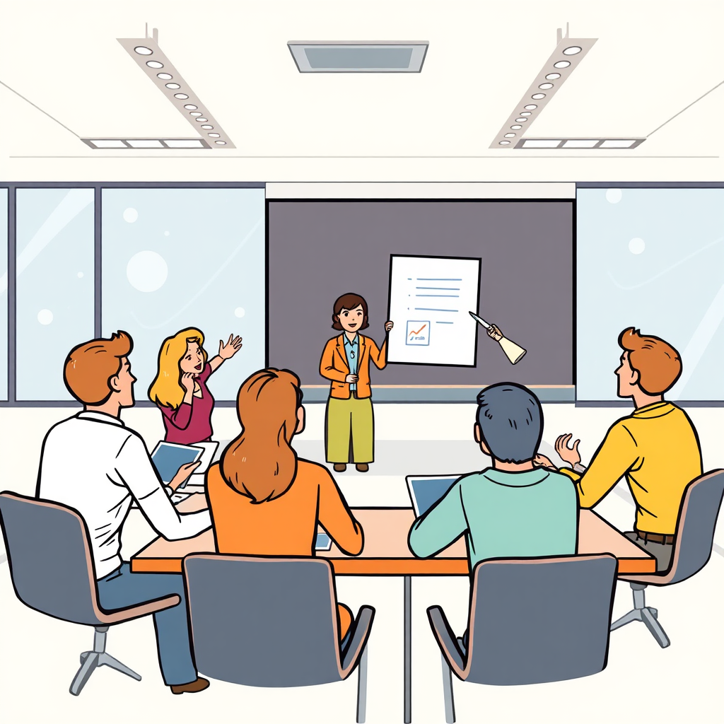 Illustrate a group of trainers delivering a dynamic training session, with engaged participants actively learning and collaborating. The training session is taking place in a modern and well-equipped classroom. Use a color palette of warm colors to convey enthusiasm and engagement.