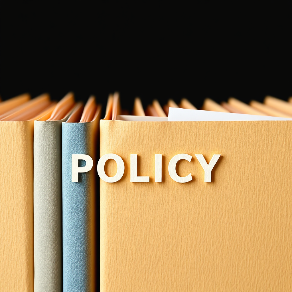 Visualize a stack of neatly arranged policy documents, bound with a professional-looking cover. The documents are organized in a logical manner, symbolizing clarity and structure. Use a color palette of blues and grays to convey professionalism and authority.