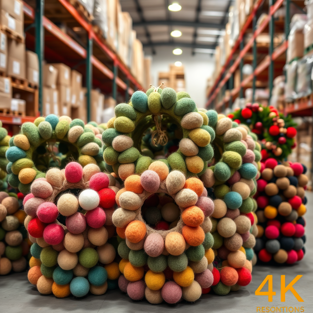 Several finished felt ball wreaths neatly stacked and ready for shipment in a brightly lit warehouse. Focus on the variety of colors and designs available. The background shows organized shelves and shipping materials. 4K resolution, focus on product display, logistical setting.