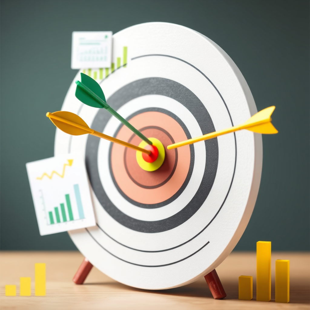 Visualize a target with arrows hitting the bullseye, symbolizing accurate and effective assessment. The target is surrounded by data charts and graphs, representing learning outcomes. Use a color palette of greens and yellows to convey achievement and progress.