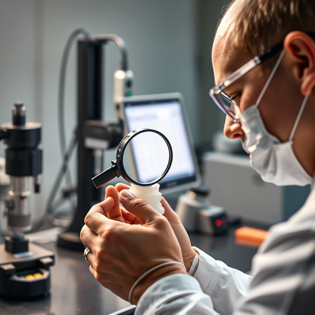 A 4k, high-quality image highlighting the rigorous quality control process. The scene features a technician carefully inspecting a 3D-printed object with a magnifying glass, ensuring that every detail meets the highest standards. In the background, there are precision measurement tools and testing equipment. The lighting is bright and focused, emphasizing the precision and attention to detail. The color palette is clean and professional, with a focus on accuracy and reliability. The camera angle is a close-up, focusing on the technician's hands and the inspected object. Style reference: Quality control photography with a focus on precision and expertise.