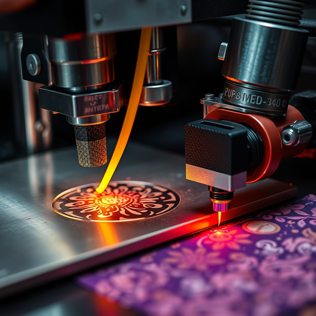 A 4K image focusing on the intricate details of advanced printing and engraving technologies. The scene features close-ups of a 3D printer nozzle extruding filament with pinpoint accuracy, a laser engraving machine etching complex patterns onto metal, and a heat press applying vibrant colors onto fabric. The lighting is dramatic, highlighting the precision and technological sophistication of each process. The color palette is industrial chic, with metallic silvers, blacks, and pops of vibrant colors. The camera angle is a macro shot, revealing the minute details and textures of the equipment and materials. Style reference: High-tech, industrial photography with a focus on detail and precision.