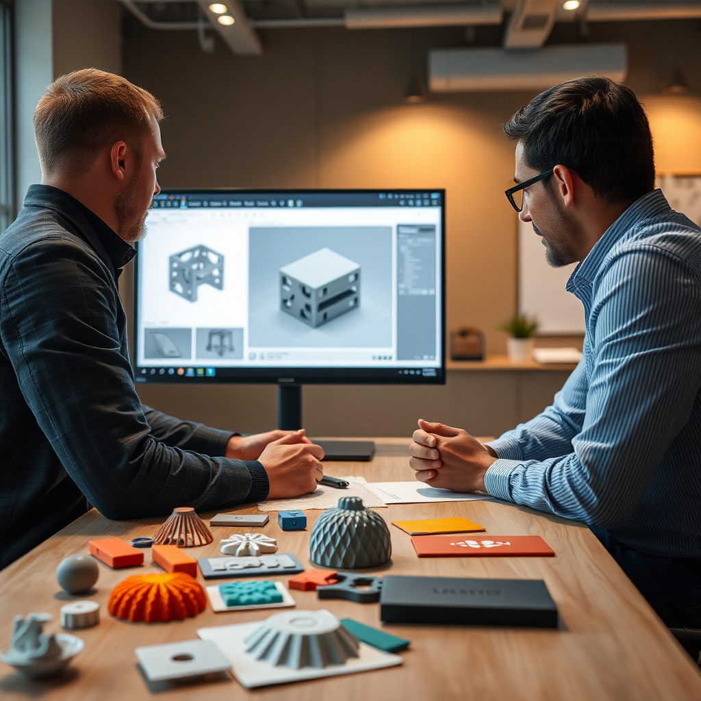 A visually striking image showcasing a design seamlessly transitioning through different stages of fabrication. Starting with a digital 3D model on a computer screen, the design evolves into a physical 3D printed object, a laser-engraved wooden piece, a vibrant HTV-printed shirt, and a sublimated mug. The images should be linked in a visually pleasing and logical progression. The lighting is bright and even, highlighting the textures and details of each stage. The color palette is clean and modern, with a focus on vibrant accent colors. The camera angle is a slightly elevated wide shot, capturing the full scope of the end-to-end process. Style reference: Clean, infographic style with a focus on clarity and visual appeal. 4k resolution.