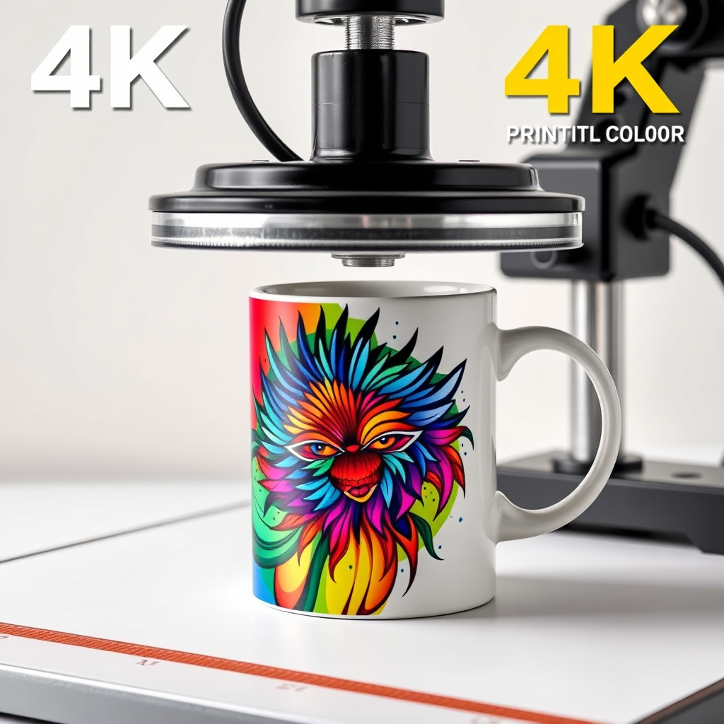 A 4K image showcasing a vibrant, full-color design being sublimated onto a white ceramic mug. The mug is held in place by a heat press, which is applying even pressure and heat. The design is bright and eye-catching, showcasing the full potential of sublimation printing. The background is clean and simple, with a focus on the mug and the heat press.