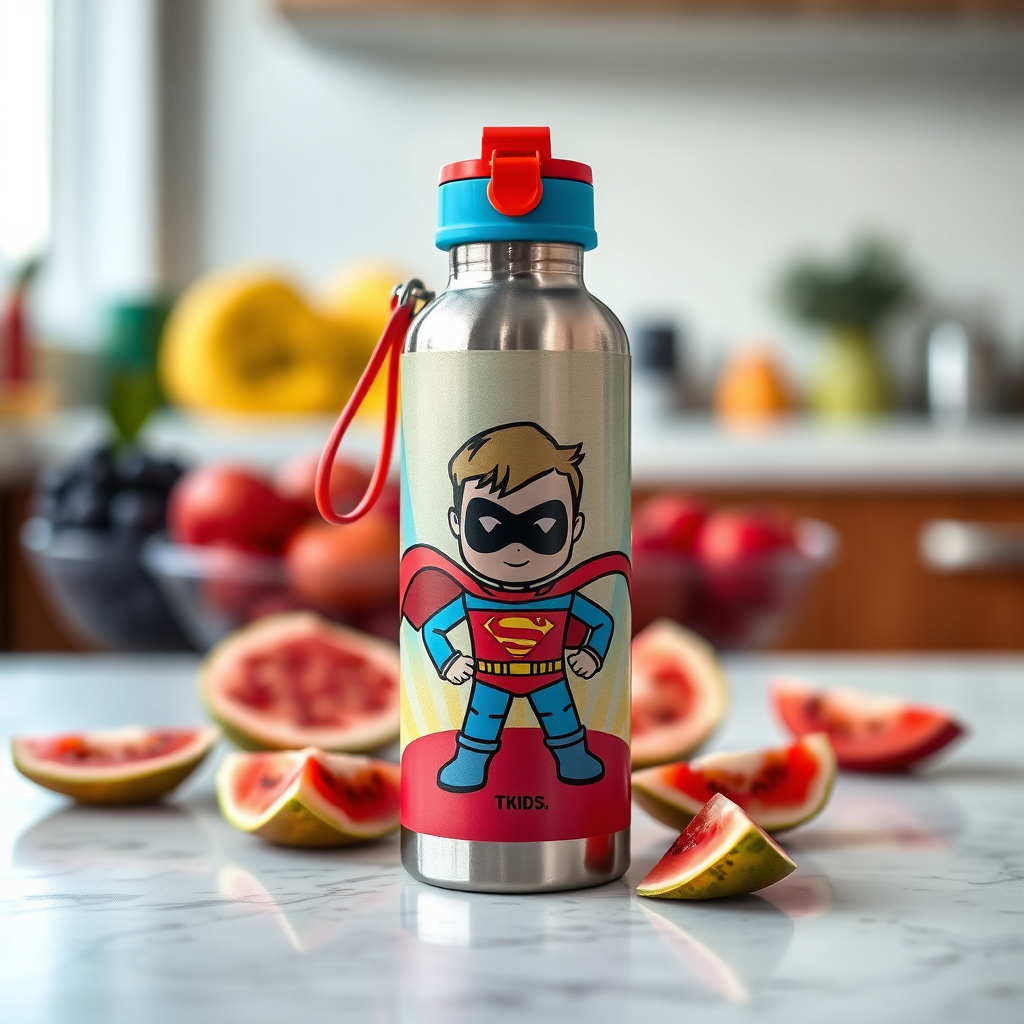 A brightly lit, eye-level shot of a stainless steel kids' water bottle with a colorful sublimation print featuring a cartoon superhero. The bottle is placed on a table with vibrant fruit slices scattered around it. The lighting is crisp and clean, highlighting the details of the design. The background is blurred to emphasize the bottle. Style is playful and inviting.