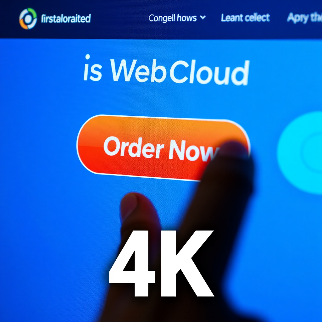 A call to action in 4k with a close-up shot of a person's hand clicking a prominent 'Order Now' button on the isWeb Cloud website. The button is brightly colored and eye-catching. The background is blurred to focus attention on the call to action. Style: Digital marketing.