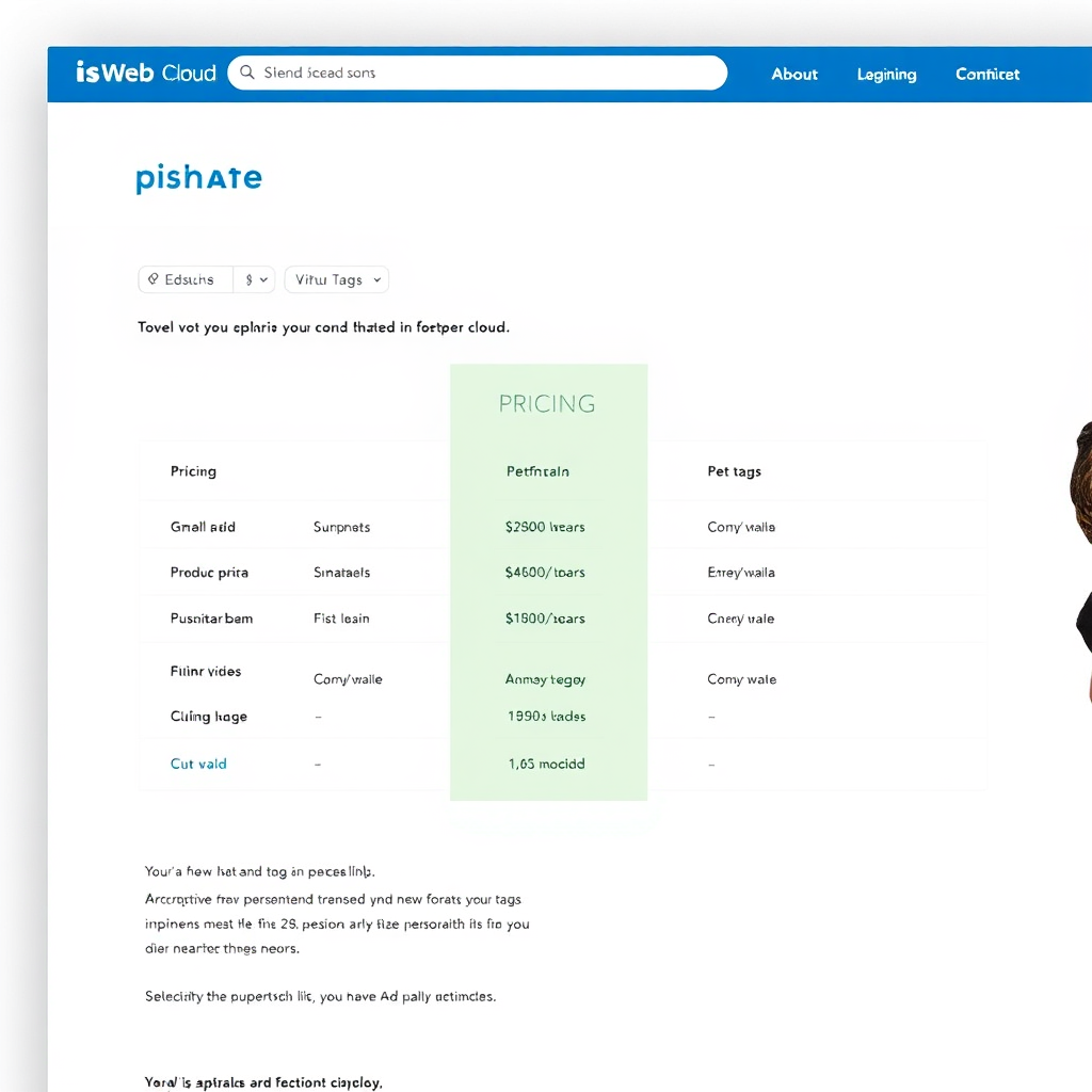 A clean and modern 4K image showcasing the pricing plans for personalized pet tags on the isWeb Cloud website. The pricing is clearly displayed and transparent. Style: Website interface.