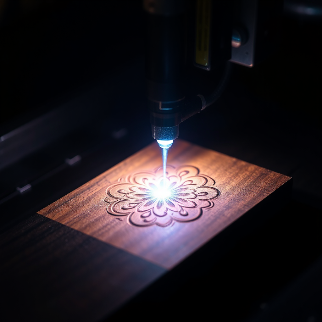 A close-up, 4K image of a laser engraving machine precisely etching an intricate design onto a piece of dark wood. The laser beam is visible as a bright, focused light source, creating a dramatic contrast with the wood. The surrounding environment is dark and focused, highlighting the precision and detail of the engraving process.