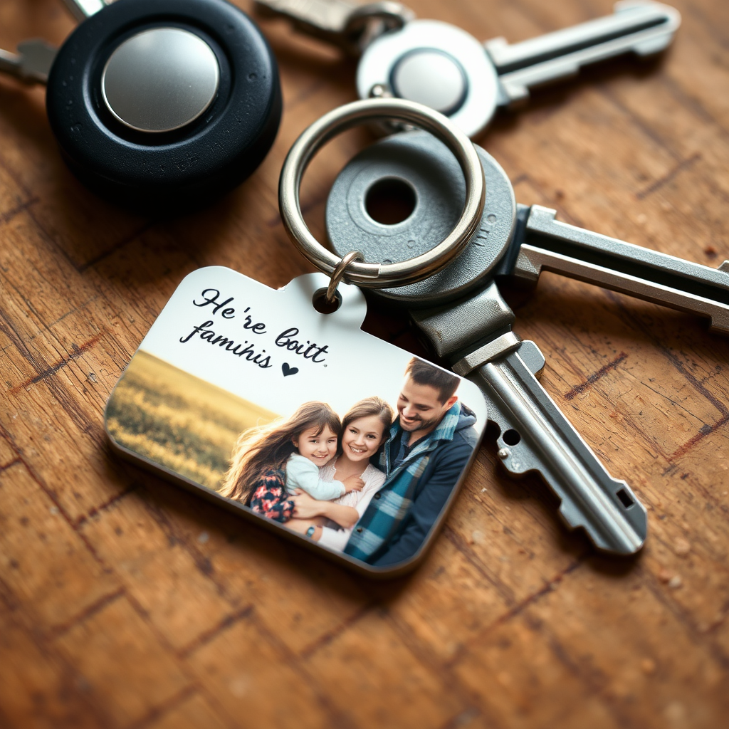 A close-up, overhead shot of a metal keychain with a sublimation print featuring a family photo. The keychain is placed on a wooden surface with keys scattered around it. The lighting is warm and inviting, highlighting the details of the design. The background is slightly blurred to emphasize the keychain. Style is sentimental and inviting.