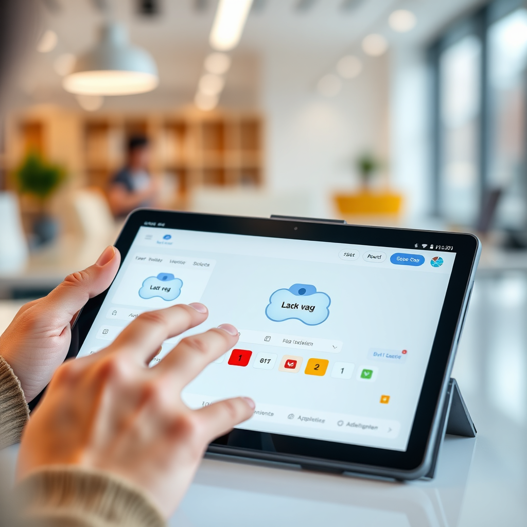 A close-up shot in 4K of hands using a digital tablet to design a personalized pet tag on the isWeb Cloud website. The screen displays a user-friendly interface with options for font selection, color customization, and adding custom graphics. Focus on the details of the design process and the interaction between the user and the technology. The background is a bright, modern workspace. Style: UI/UX showcase.