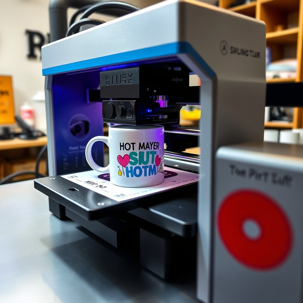 A close-up shot of a sublimation printer in action, printing a custom design onto a white mug. The lighting is focused on the printing process, highlighting the details of the machine and the vibrant colors of the design. The background is a professional studio setting with various sublimation supplies. Style is technical and informative.