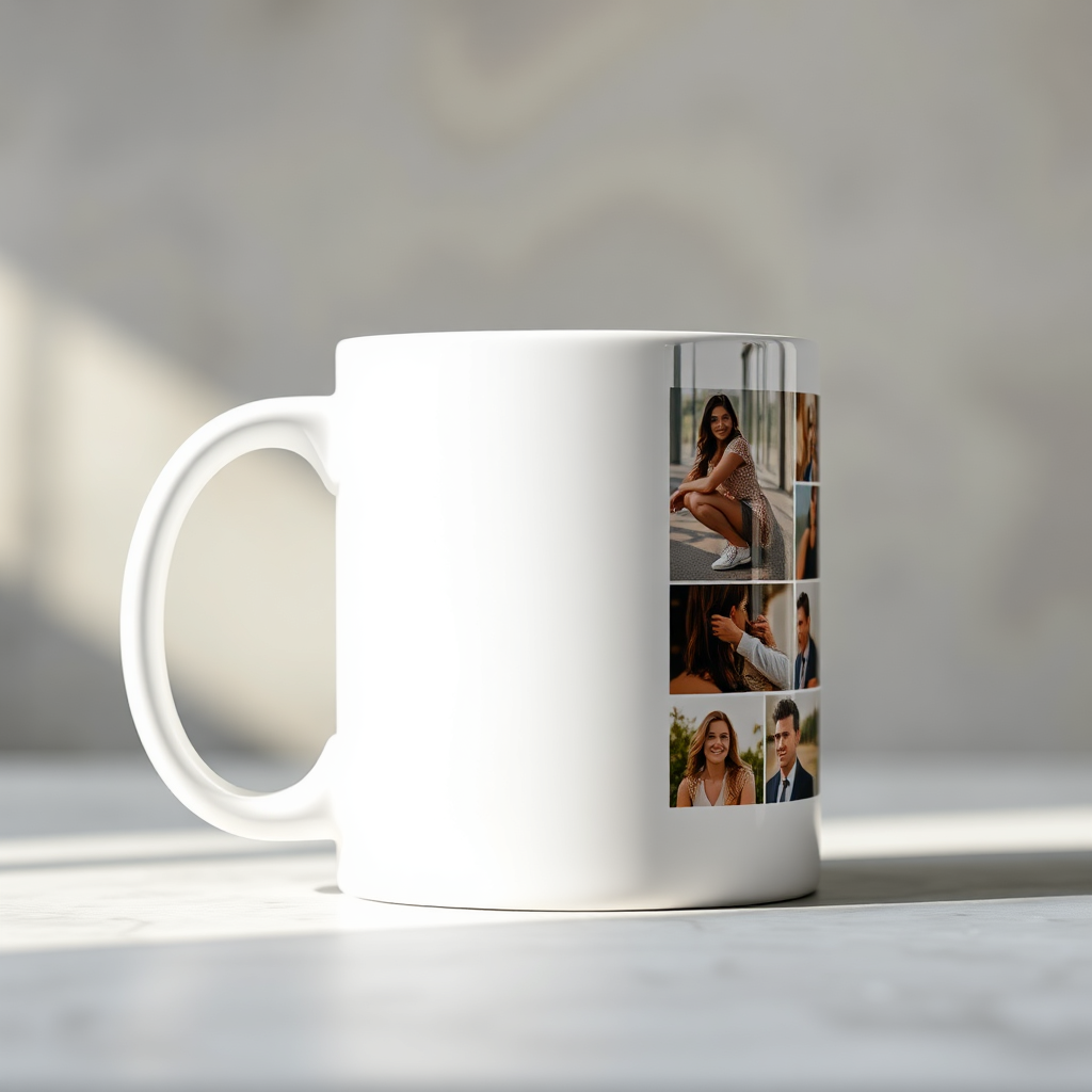A close-up shot of a white ceramic mug with a vibrant, full-wrap sublimation print featuring a custom photo collage. The lighting is soft and diffused, highlighting the smooth surface of the mug and the sharp details of the image. Focus on the texture of the ceramic and the richness of the colors. The background is blurred to draw attention to the mug. Style is photorealistic and inviting.